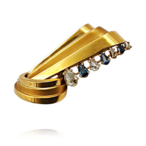 ALFINETE EM OURO COM DIAMANTES E SAFIRAS